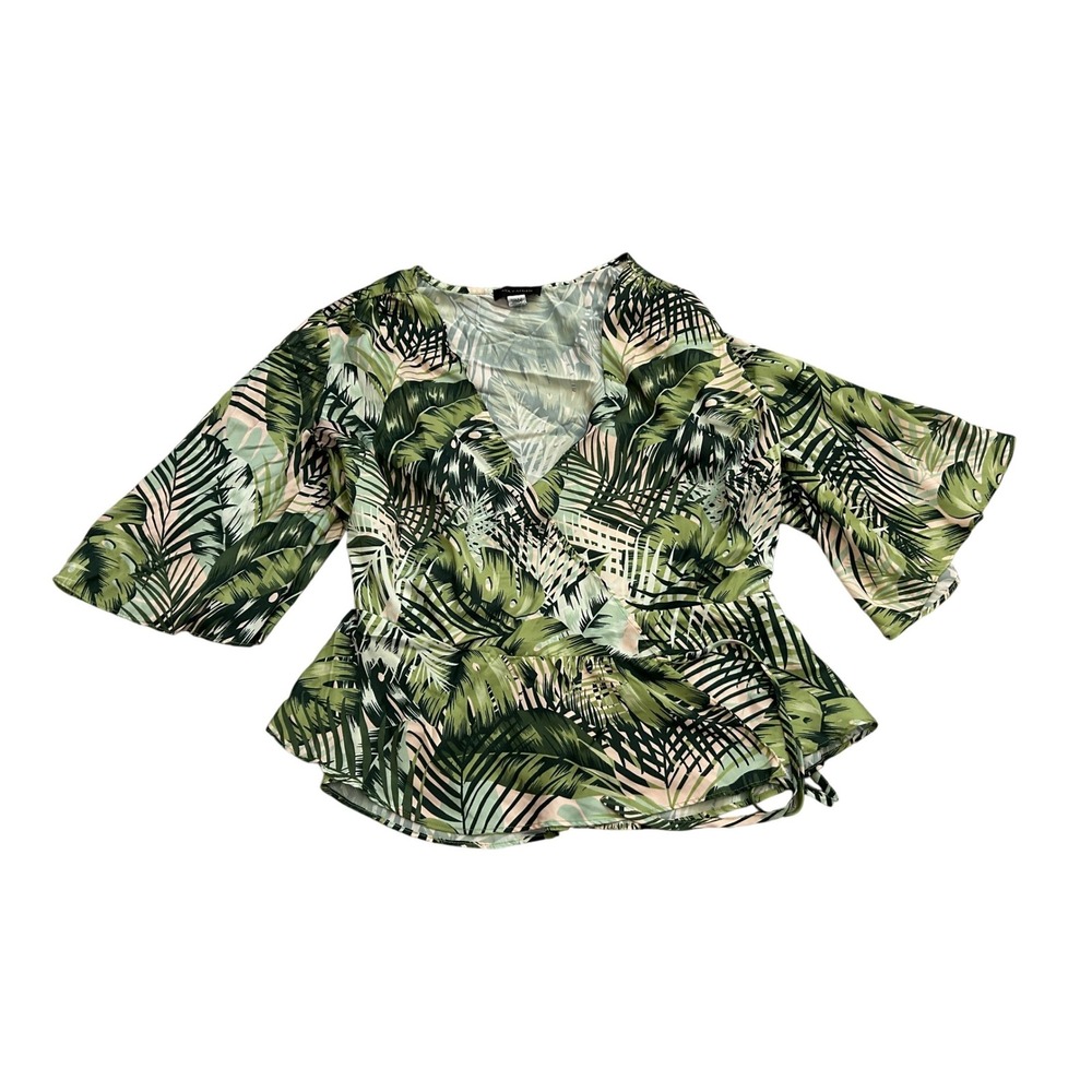 Ava & Aiden Tropical Palm Wrap Top Womens Small Green Peplum Bell Sleeve Blouse